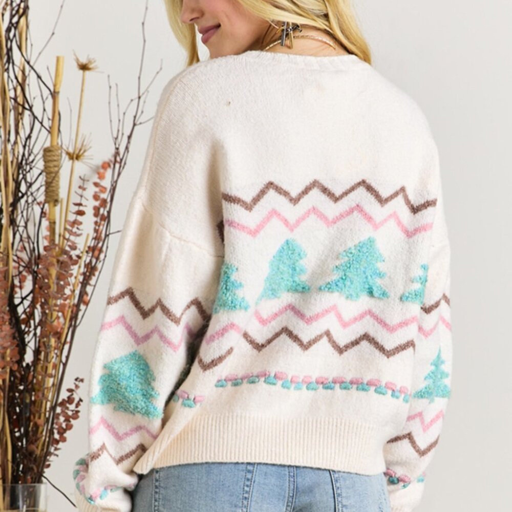 B230 White Striped Christmas Tree Ribbed Trim Drop Shoulder Sweater - Picture 4 of 4